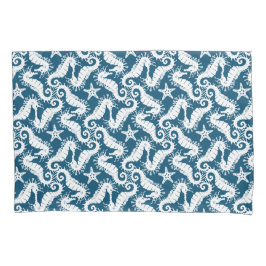 Wit en blauw herhalend motief | Zeepaardpatroon Kussensloop