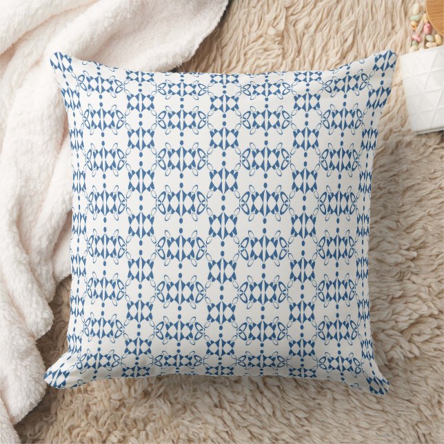 Wit en blauw ornament art Deco geometrie Kussen (Deken)