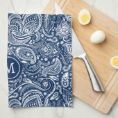 Wit en blauw  paisley patroonmonogram theedoek (Quarter Fold)