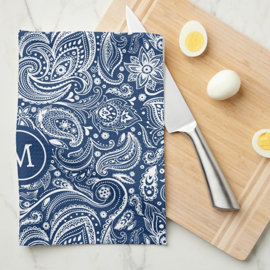 Wit en blauw  paisley patroonmonogram theedoek (Quarter Fold)