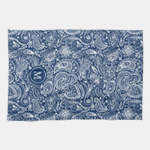Wit en blauw  paisley patroonmonogram theedoek (Horizontaal)