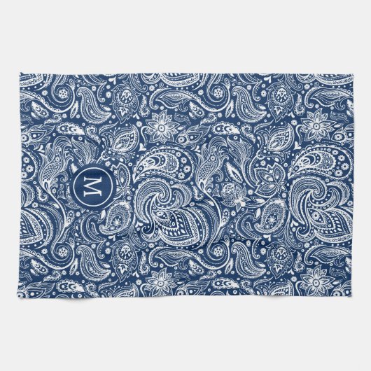 Wit en blauw  paisley patroonmonogram theedoek (Horizontaal)