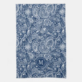 Wit en blauw  paisley patroonmonogram theedoek (Verticaal)