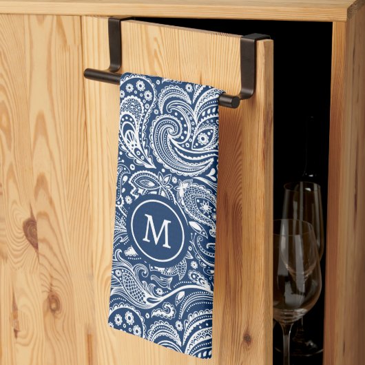 Wit en blauw  paisley patroonmonogram theedoek (Derde Gevouwen)