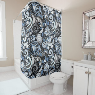 Wit en blauw paisleyprintpatroon douchegordijn