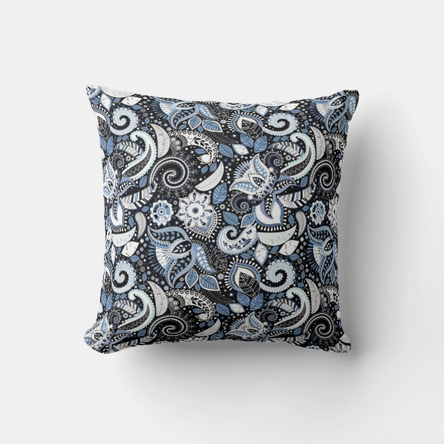 Wit en blauw paisleyprintpatroon kussen (Voorkant)