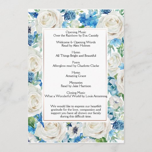 Wit en blauw Photo Memorial Service Programma Programmakaart (Achterkant)