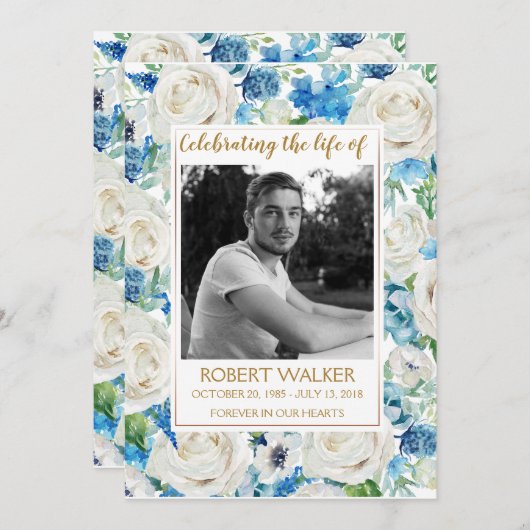 Wit en blauw Photo Memorial Service Programma Programmakaart (Voorkant / Achterkant)