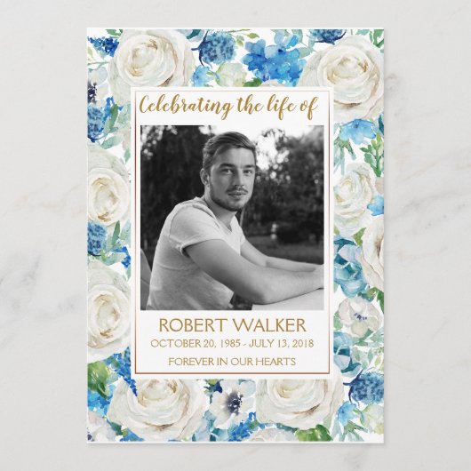 Wit en blauw Photo Memorial Service Programma Programmakaart (Voorkant)