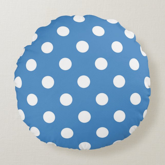 Wit en Blauw Polka Dot Rond Kussen (Voorkant)