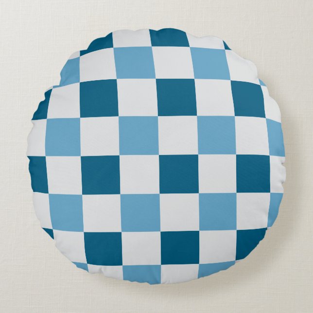 Wit en blauw schaakbordpatroon rond kussen (Voorkant)