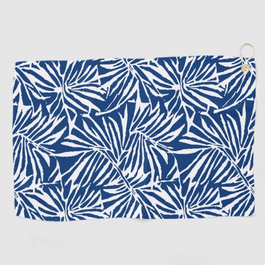 Wit en Blauw Tropisch Blad Herhalend Patroon Golfhanddoek (Horizontaal)