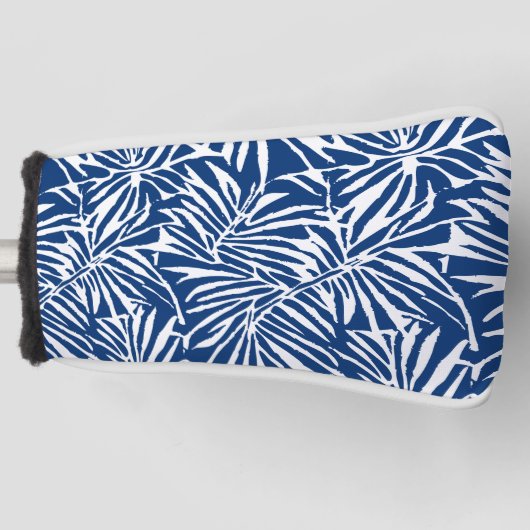 Wit en Blauw Tropisch Blad Herhalend Patroon Golfheadcover (Voorkant)