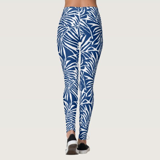 Wit en Blauw Tropisch Blad Herhalend Patroon Leggings (Achterkant)
