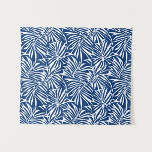 Wit en Blauw Tropisch Blad Herhalend Patroon Wandkleed