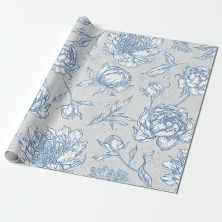 Wit en Blauw Vintage Bloem Illustratie Cadeaupapier
