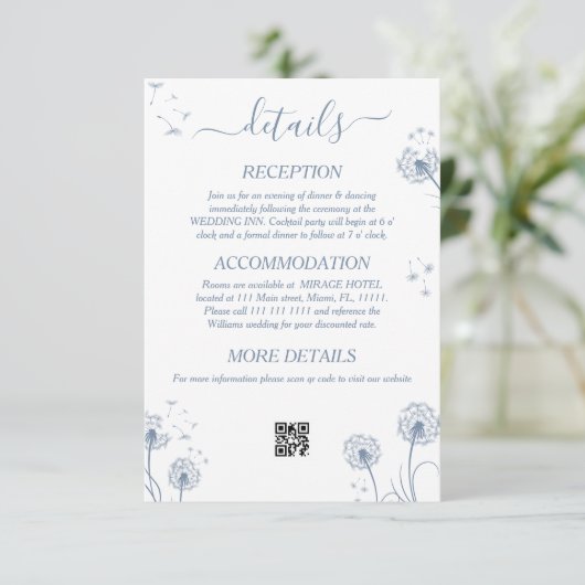Wit en Blauw Wildflower Rustieke bruiloft Details Informatiekaartje (Staand voorkant)