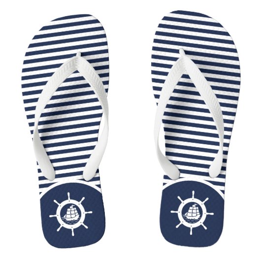 Wit en blauwe strepen & scheepsstuurwiel teenslippers (Voetbed)