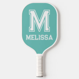 Wit en Blauwgroen Minimalistisch Modern Monogram Pickleball Paddle