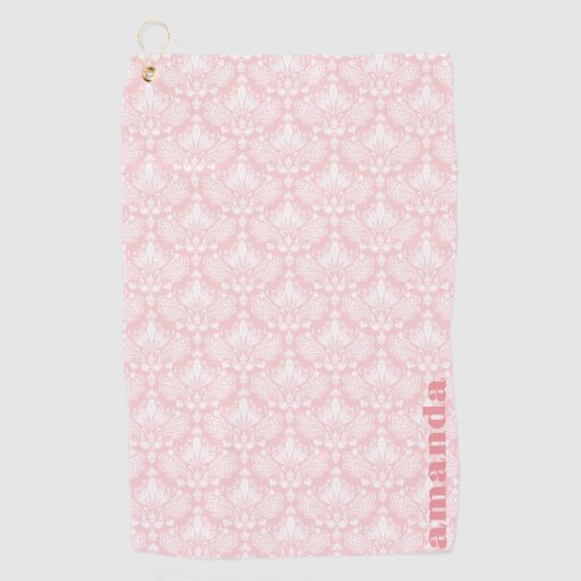 Wit en Bleek roze  bloemendamast Golfhanddoek (Voorkant)