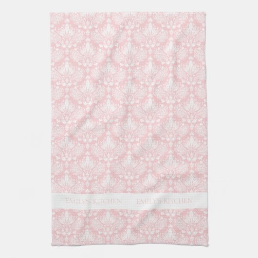 Wit en Bleek roze  bloemendamast Theedoek (Verticaal)