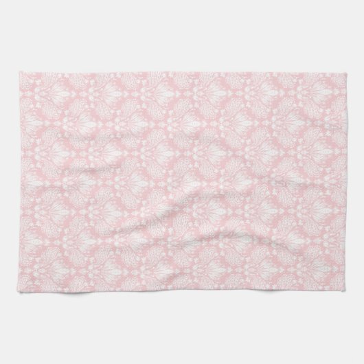 Wit en Bleek roze  bloemendamast Theedoek (Horizontaal)