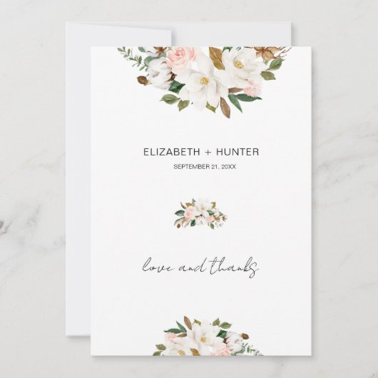 Wit en Blush Roze Magnolia Bloemen Bruiloft Bedankkaart (Voorkant)