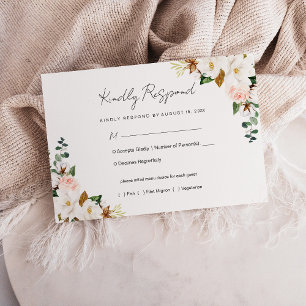 Wit en Blush Roze Magnolia Bloemen Bruiloft RSVP Kaartje