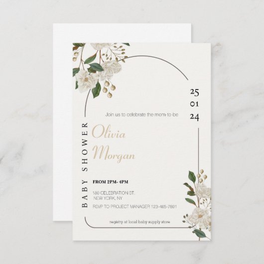 Wit en Bruin Eenvoudig Schattige Bloemen Baby show Kaart (Voorkant / Achterkant)