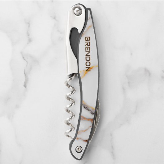 Wit en bruin marmeren textuur monogram kurkentrekker (Voorkant)