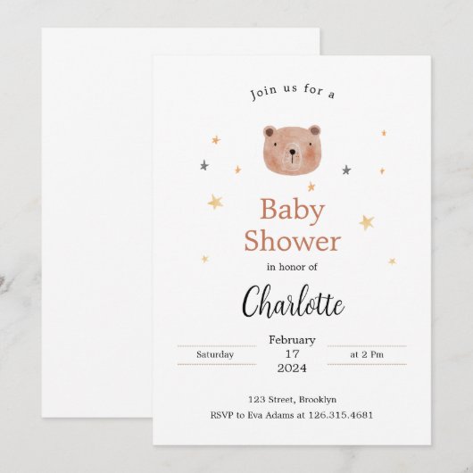 Wit en Bruin Waterverf Schattige Baby shower Kaart (Voorkant / Achterkant)