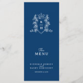 Wit en donkerblauw kroonkam monogram bruiloft menu (Voorkant)