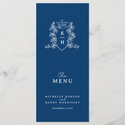 Wit en donkerblauw kroonkam monogram bruiloft menu (Voorkant)