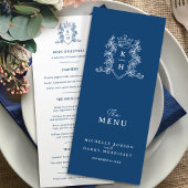 Wit en donkerblauw kroonkam monogram bruiloft menu