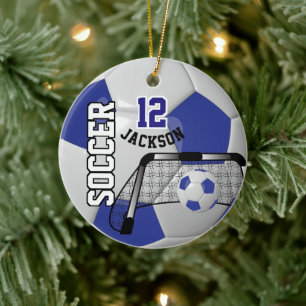 Wit en Donkerblauw personaliseer Voetbal Keramisch Ornament
