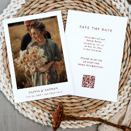 Wit en Donkerrood Tekst en Foto Huwelijk QR Code Save The Date