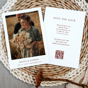 Wit en Donkerrood Tekst en Foto Huwelijk QR Code Save The Date