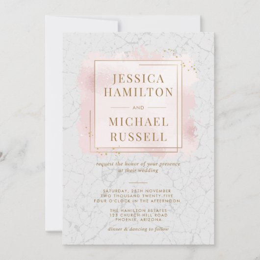 Wit en dubbelzinnig marmer Gold Lijst bruiloft Kaart (Voorkant)