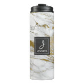 Wit en Faux Gold Marmer Elegant Monogram Thermosbeker (Voorkant)