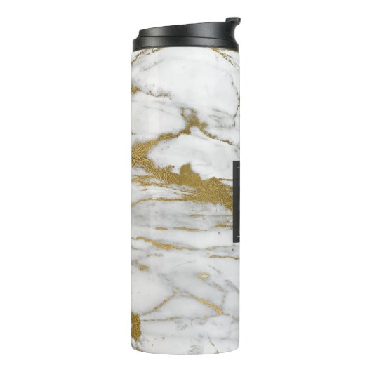 Wit en Faux Gold Marmer Elegant Monogram Thermosbeker (Gedraaid links)