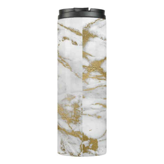 Wit en Faux Gold Marmer Elegant Monogram Thermosbeker (Achterkant)