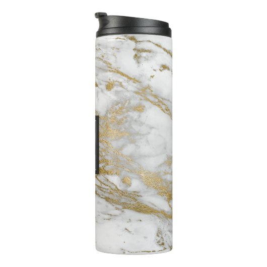 Wit en Faux Gold Marmer Elegant Monogram Thermosbeker (Geroteerd rechts)