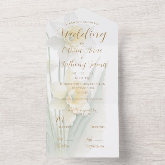 Wit en geel Daffodil Weddenschap All In One Uitnodiging (Binnen)