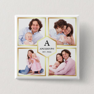 Wit en Goud 4 Foto's Familie Fotocollage Vierkante Button 5,1 Cm