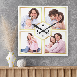 Wit en Goud 4 Foto's Familie Fotocollage Vierkante Klok