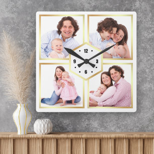 Wit en Goud 4 Foto's Familie Fotocollage Vierkante Klok