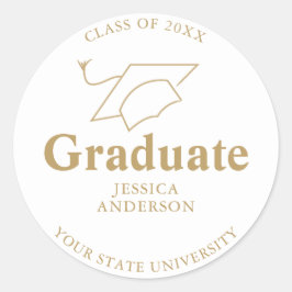 Wit en Goud Afstuderen Pet Afstuderen Ronde Sticker