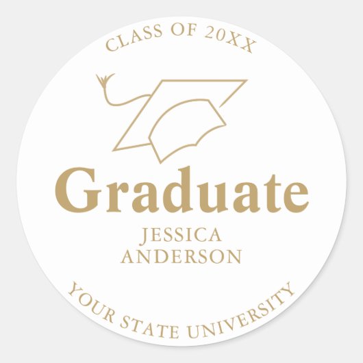 Wit en Goud Afstuderen Pet Afstuderen Ronde Sticker (Voorkant)