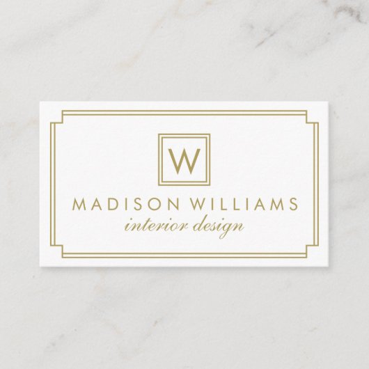 Wit en Goud Art Deco Monogram Visitekaartje (Voorkant)