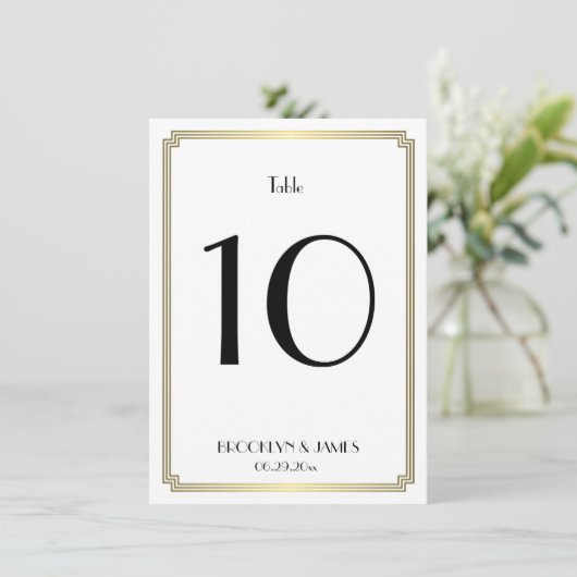 Wit en goud Art Deco Trouwtafel Nummer Kaart (Staand voorkant)